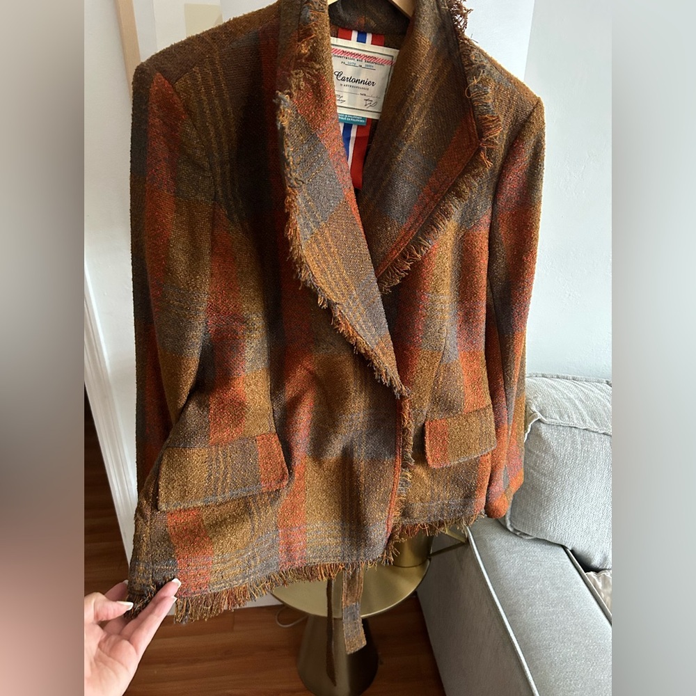 Anthropologie Cartonnier Plaid Preppy Brown Academia Fringed Tweed Blazer 14 - Picture 8 of 15